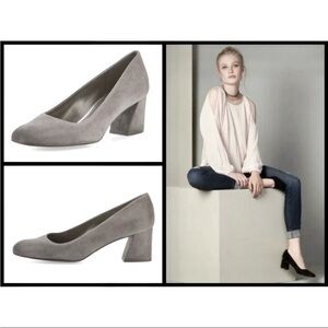 Stuart Weitzman Mary Pumps Suede Block Heel Grey 6W Classic Slip On Round Toe